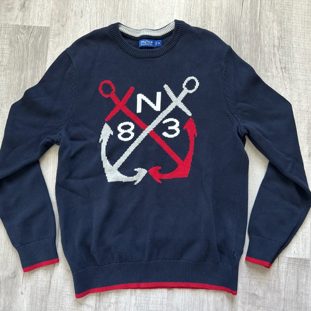 Nautica Men’s Medium Crewneck Knit Sweater Navy Blue w/ Red/Light Gray Anchors